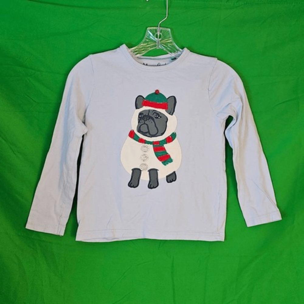 Mini Boden Boys Blue Long Sleeve Winter Pug Shirt 7 8